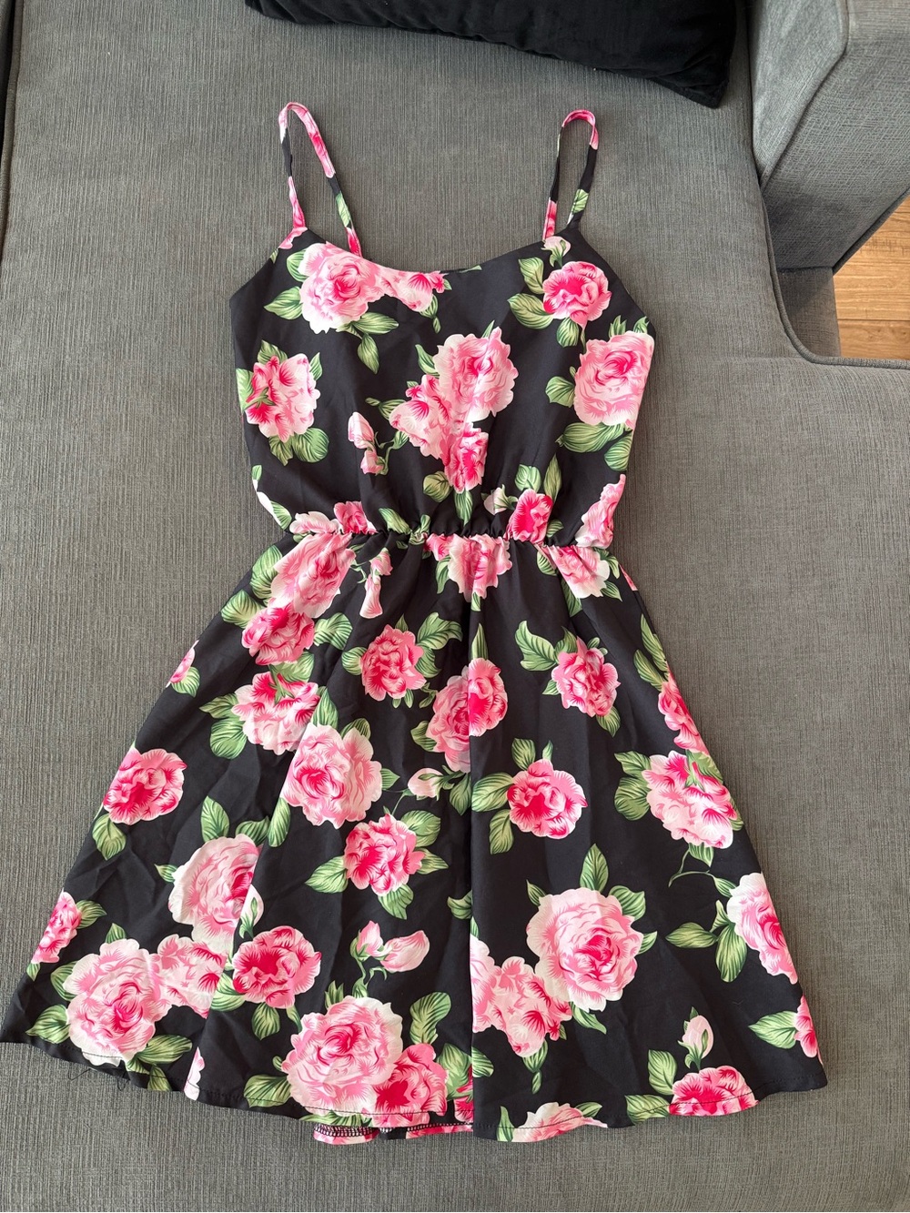 Girls Black Floral Sundress with Pink Rose Print